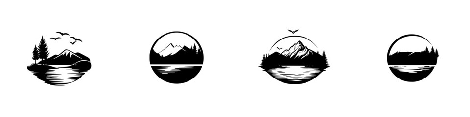 Poster - Set of black nature-themed icons featuring mountains, lakes, and trees in circular designs