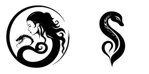 Poster - Black icon design featuring a woman and serpent in a circular pattern with elegant curves and details