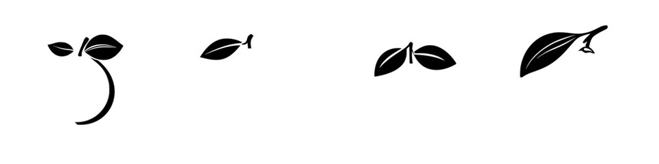 Poster - Black icons illustrating various leaf designs on a white background, showcasing simplicity and elegance in graphic art