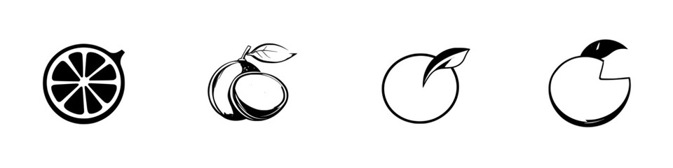 Poster - Set of black icons representing various fruits including lemon, plum, orange, and a partially eaten orange, ideal for design projects