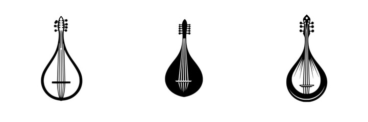 Poster - Black icon set featuring various styles of stringed instruments against a simple background