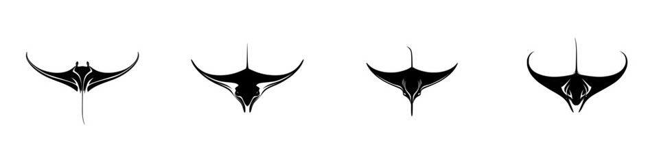 Poster - Stylized black manta ray icons showcasing various designs for creative projects and marine themes