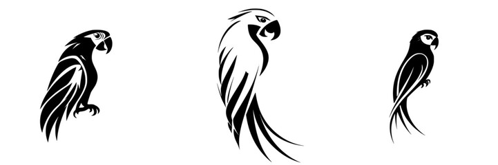 Poster - collection of three black icons depicting stylized parrot designs in various poses and styles for gr