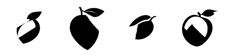 Poster - Black icon set showcasing various fruit shapes, including an orange, a mango, and an abstract peach, designed for a modern aesthetic