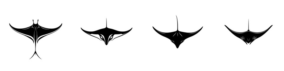 Poster - black icon set featuring various manta ray silhouettes in different swimming poses
