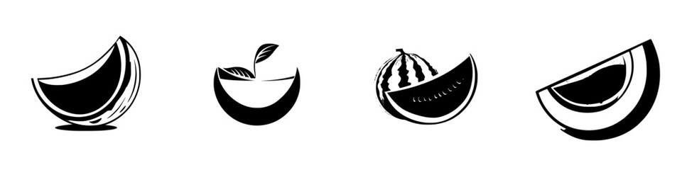 Poster - Set of black fruit icons featuring watermelon, apple, and melon slices, ideal for decorative designs and infographics