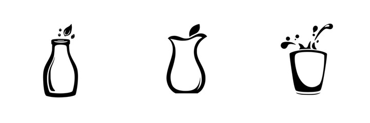 Poster - Set of black icons representing different beverage containers with playful designs showcasing liquid splashes