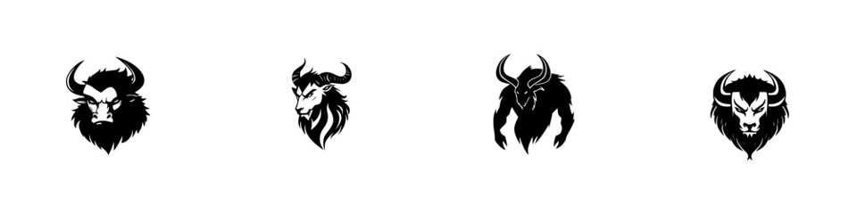 Poster - set of four black icons depicting stylized bison and goat heads with various designs and features