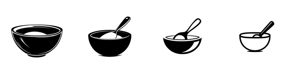Poster - Black icon set featuring various bowl designs with spoon illustrations for culinary and design purposes
