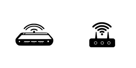 Poster - Black icons representing a wireless router and a modem in a simple design setting showing connectivity technology