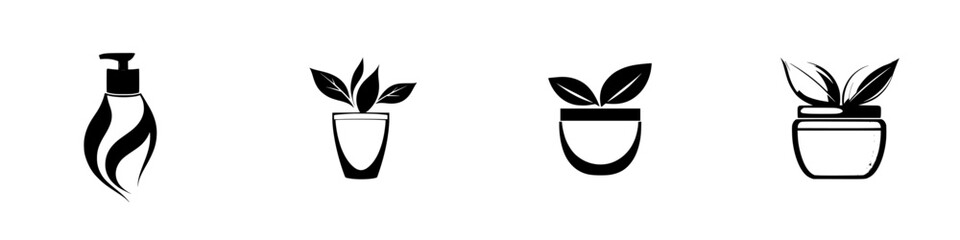 Poster - Black icon set featuring beauty products and potted plants with modern design elements