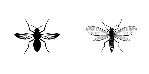 Poster - Set of black insect icons featuring a simplified mosquito and a detailed fly design suitable for various graphic applications