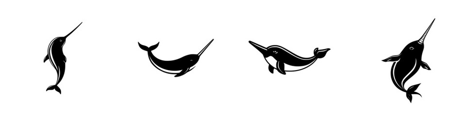 Poster - set of black narwhal icons illustrating various swimming poses in minimalist style