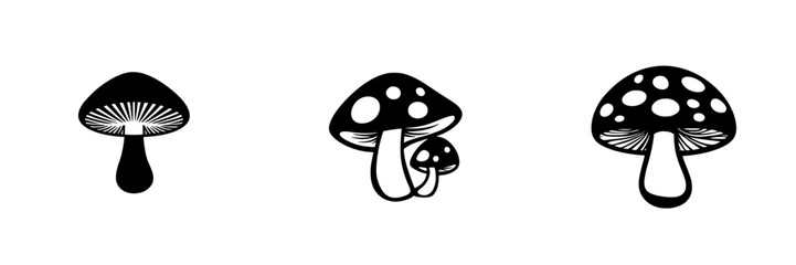 Poster - Black icons of various mushrooms arranged in a line on a simple white background displaying distinct shapes and sizes