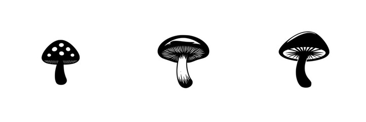 Poster - Set of three black icon mushrooms designed with distinct shapes and features for creative use