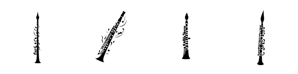 Poster - Set of four black icons representing a clarinet with varying decorative designs and expressive elements