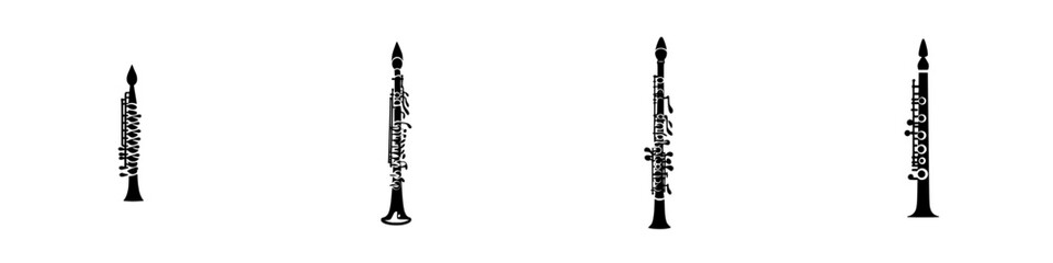 Poster - Black icon set of musical instruments showcasing various types of clarinets in unique designs and styles ideal for music enthusiasts and designers