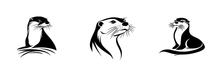Poster - Black icon set featuring stylized otters in various poses and expressions for potential branding and design use
