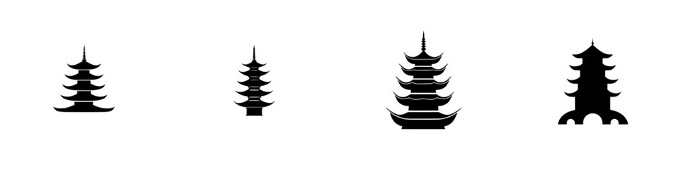 Poster - Set of black icons representing traditional pagoda structures in a minimalist design style suitable for graphic use