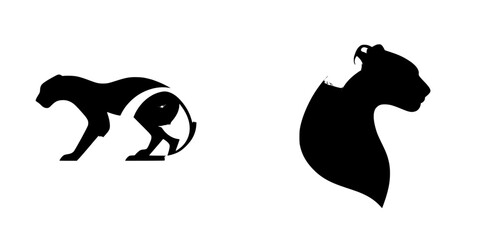 Poster - Black icons of a stylized animal figure and a head silhouette in a minimalist design