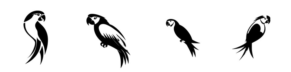 Poster - Detailed black icon set featuring different parrot silhouettes of various positions and styles for graphic design purposes