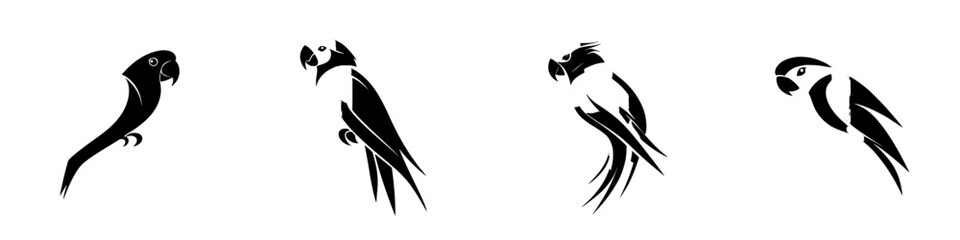 Poster - Set of four black parrot icons showcasing distinct poses and styles for creative design projects and illustrations