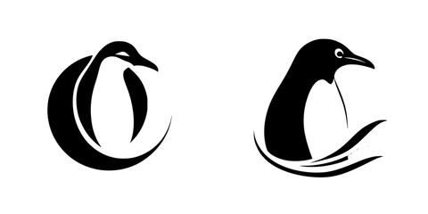 Poster - Elegant black icons depicting a penguin and a stylized version showcasing its aquatic nature