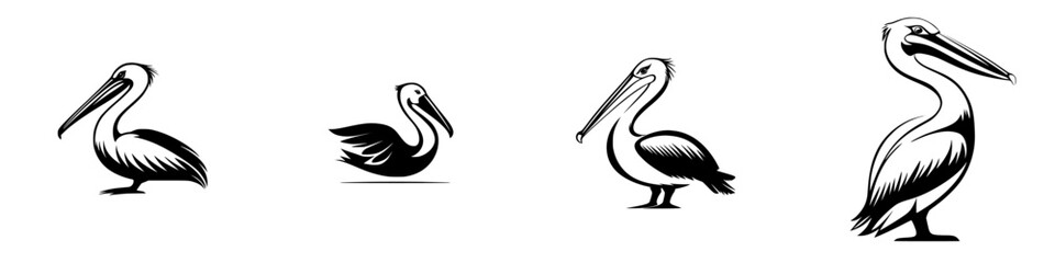 Poster - stylized black icons of pelicans showcasing various poses and designs for artistic and branding purp