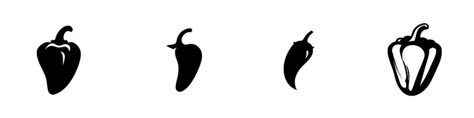 Poster - Set of black icons representing various types of peppers on a white background suitable for culinary design projects