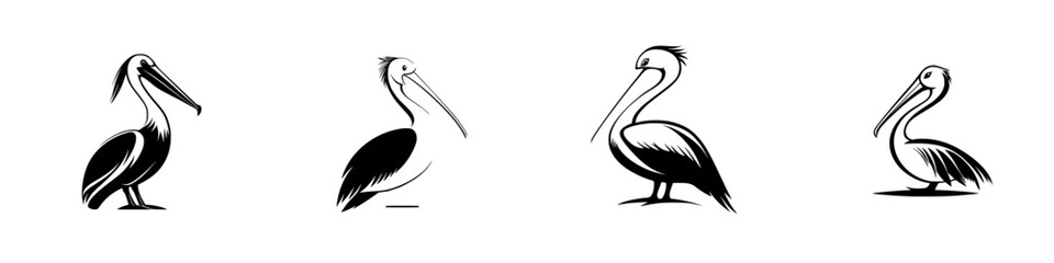 Poster - Stylish black and white icons of pelicans in various poses for creative design projects