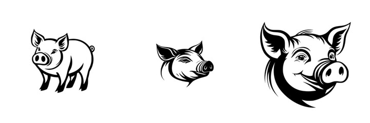 Poster - Set of black pig icons representing different pig styles for design and illustration projects