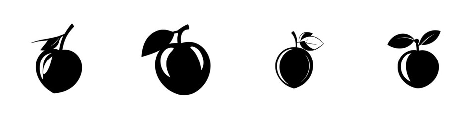 Poster - Set of black fruit icons showcasing various styles of round fruits with leaves suitable for modern design