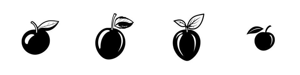 Poster - Black icon set featuring different styles of fruits with leaves, useful for design projects and illustrations