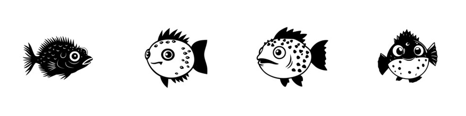 Poster - Black icon set featuring various fish illustrations in a simple design suitable for graphic use