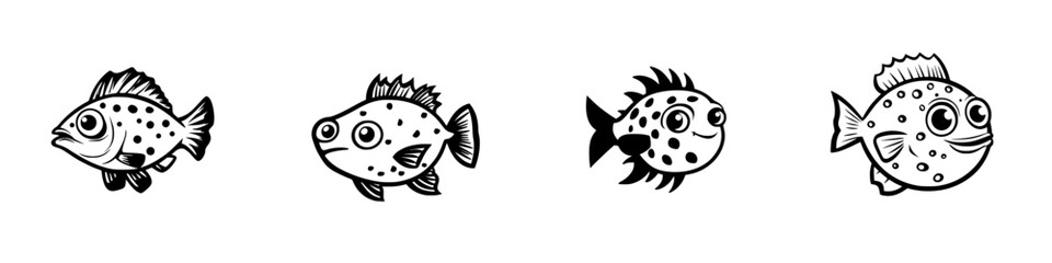 Poster - Playful black fish icons showing different expressions and designs for creative projects and digital use