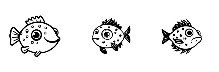 Poster - Various black icons of cheerful fish illustrating different expressions and designs on a plain background
