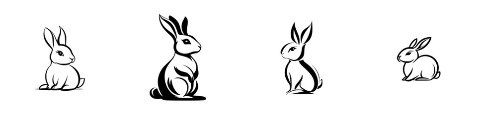 Poster - Set of black icons depicting rabbits in various poses, showcasing their playful and curious nature in a minimalist style