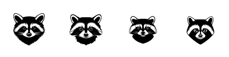 Poster - Collection of black raccoon icons showcasing different facial expressions in a stylish design for creative projects