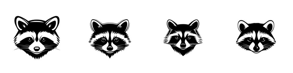 Poster - Black icon collection showcasing various raccoon faces in a minimalistic style on a white background