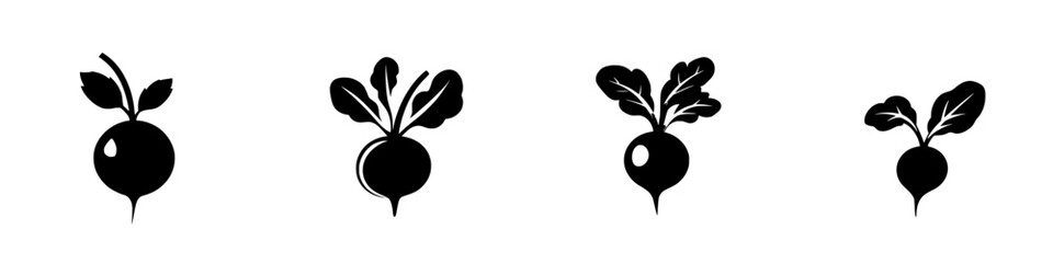 Poster - Set of black icons representing radishes with different details on leaves and roots for digital design projects