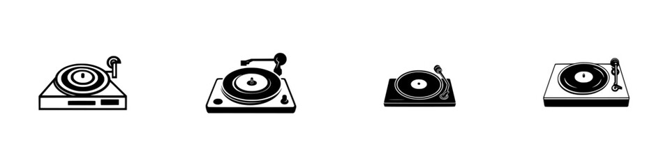 Poster - Stylized black icons of turntables showcasing different designs and features in a minimalist style for music enthusiasts