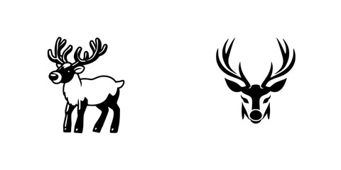 Poster - Black icon set featuring stylized reindeer and deer head illustrations in simple monochrome design