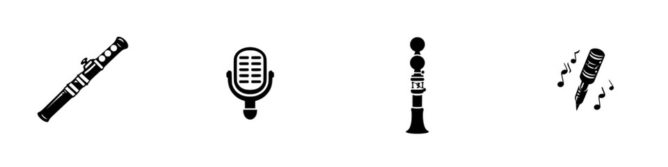 Poster - Black icons representing various musical instruments and sound devices in a simple and elegant style