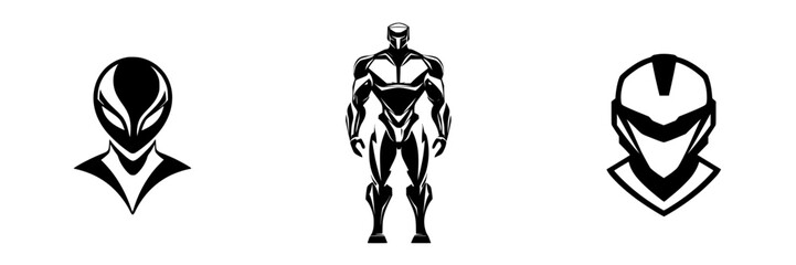 Poster - Set of black icons depicting futuristic humanoid figures with sleek designs for use in various digital applications