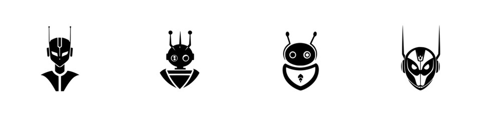 Poster - Set of black robot icons showcasing various designs and expressions for digital applications and branding