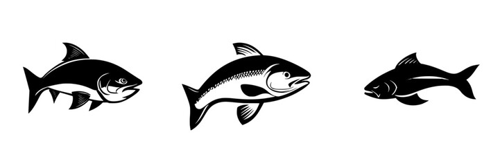 Poster - Black icons of various fish species displayed in a simple, artistic style on a white background