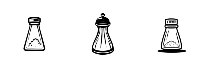 Poster - Set of black icons depicting salt and pepper shakers in simple, minimalist designs for culinary illustrations