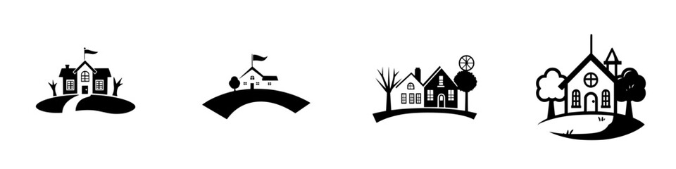 Poster - Black icon set featuring various house designs with trees and flags on hills