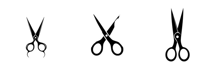 Poster - Set of black icon scissors in various styles showcasing unique designs and shapes for graphic use