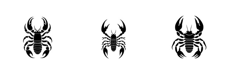 Poster - Set of black icons representing scorpions and crabs displayed on a white background, ideal for design projects and artistic presentations
